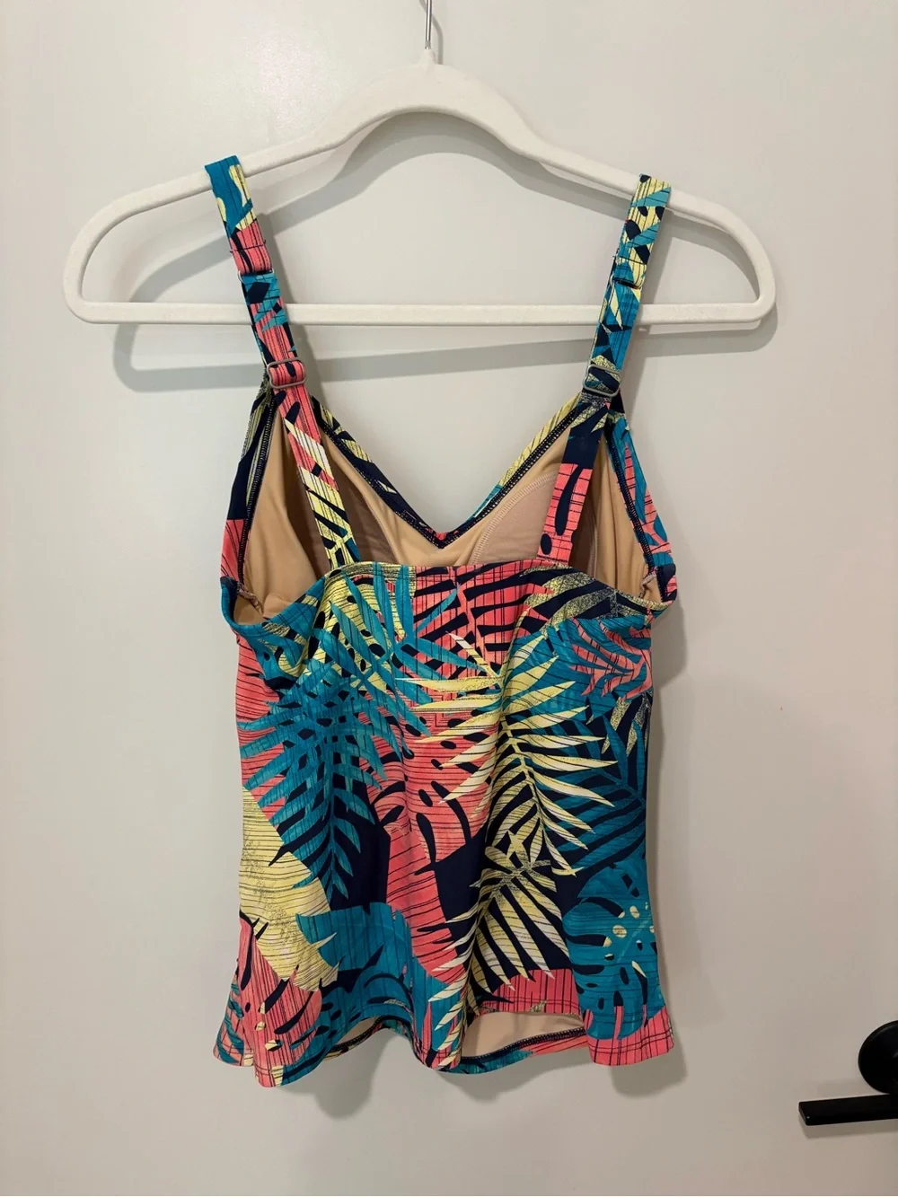 L.L. Bean UPF 50 Tankini Top Print Tropical Palm Leaf Adjustable Straps Cups 10